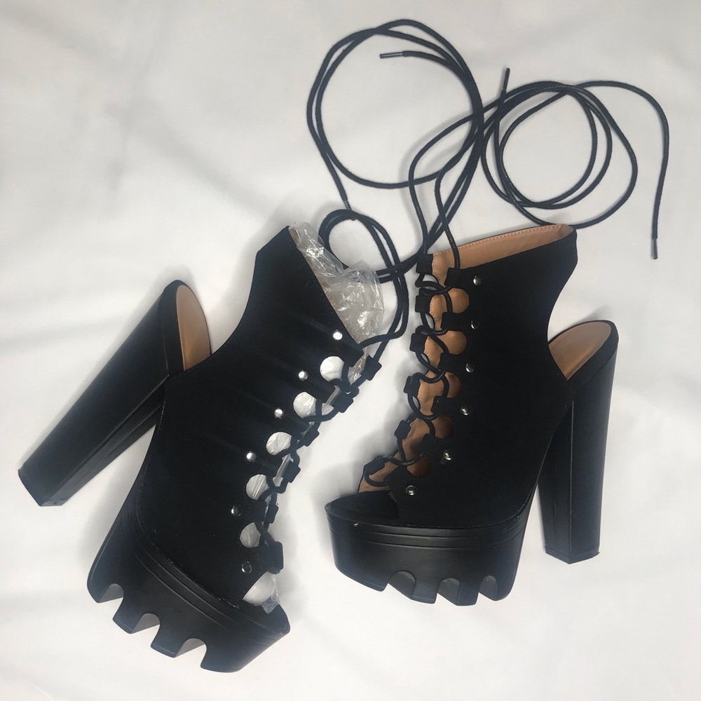 Black Platform Peep toe Rope up Booties - Picture 3 of 6